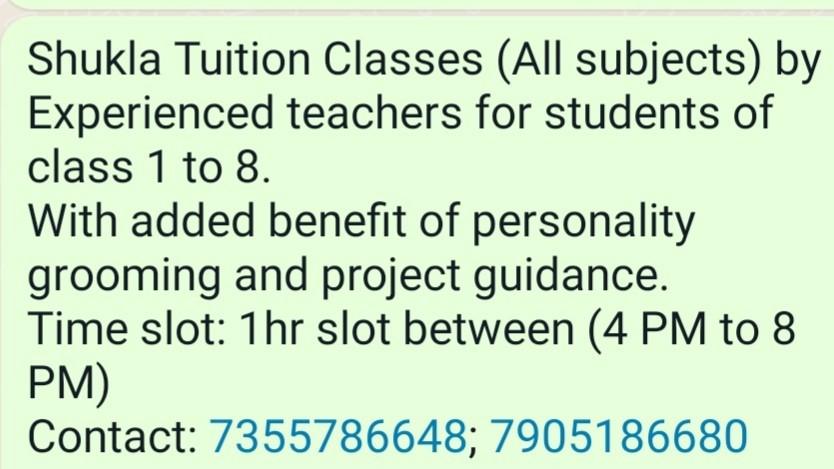 Middle Class (6th -8th) Tuition, Elementary (Class 1 - 5 Tuition); Exp: More than 10 year