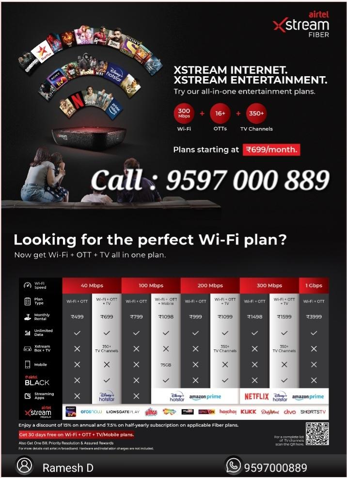 Airtel xstream fiber new connection in vellalore coimbatore Call 9597000889