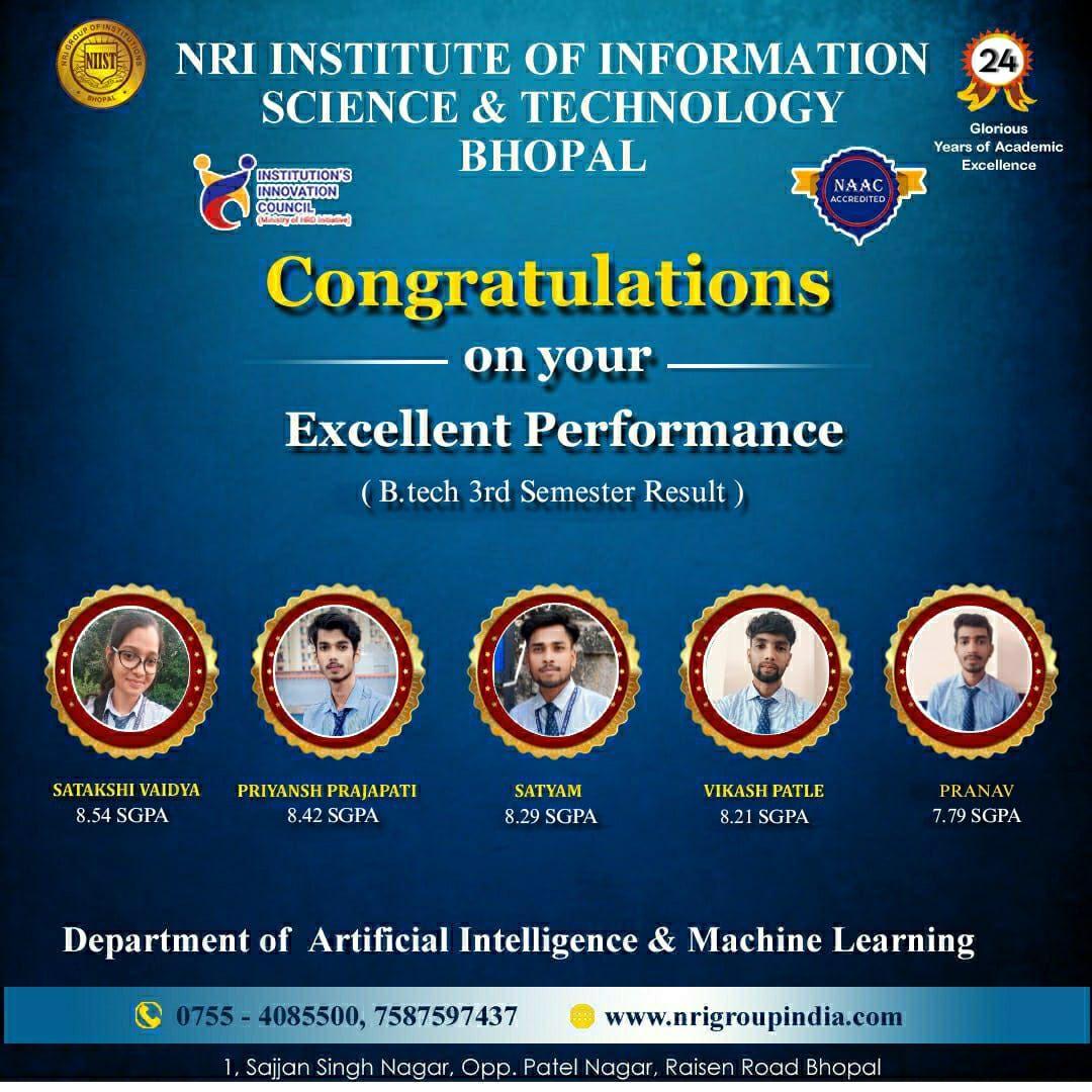 Celebrating the success of NIIST's B.Tech (AI & ML) 3rd Semester toppers!