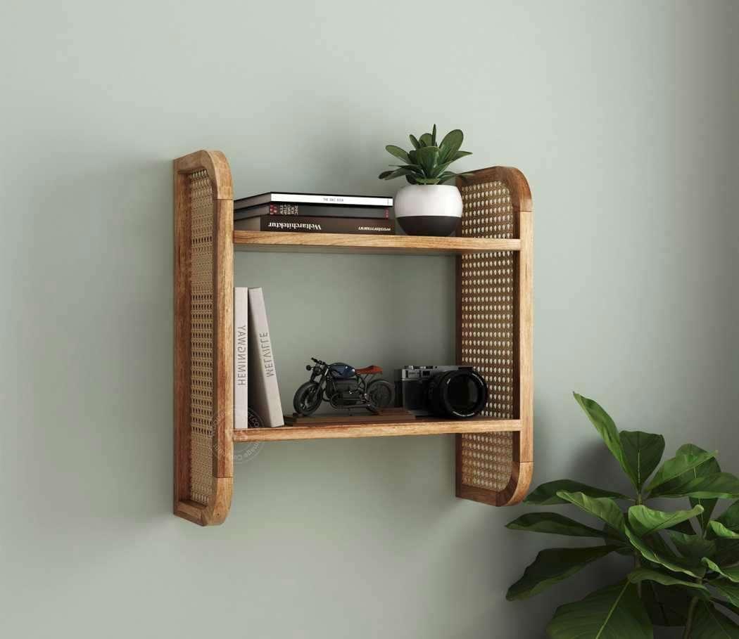 Kira Mango Wood and Cane Wall Shelf (Natural Finish) From Wooden Street
