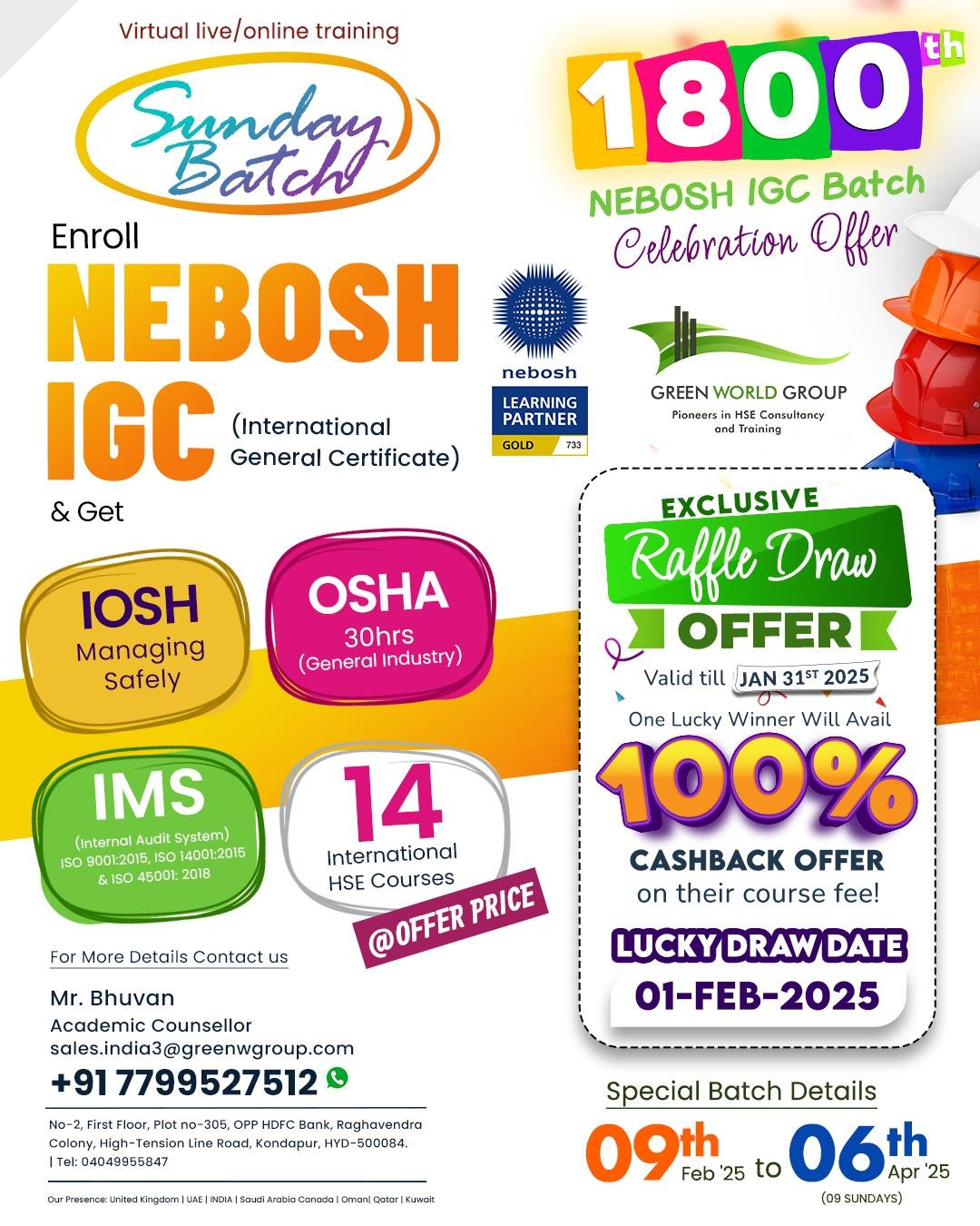 Enroll in the 1800th NEBOSH IGC Batch Celebration Offer!