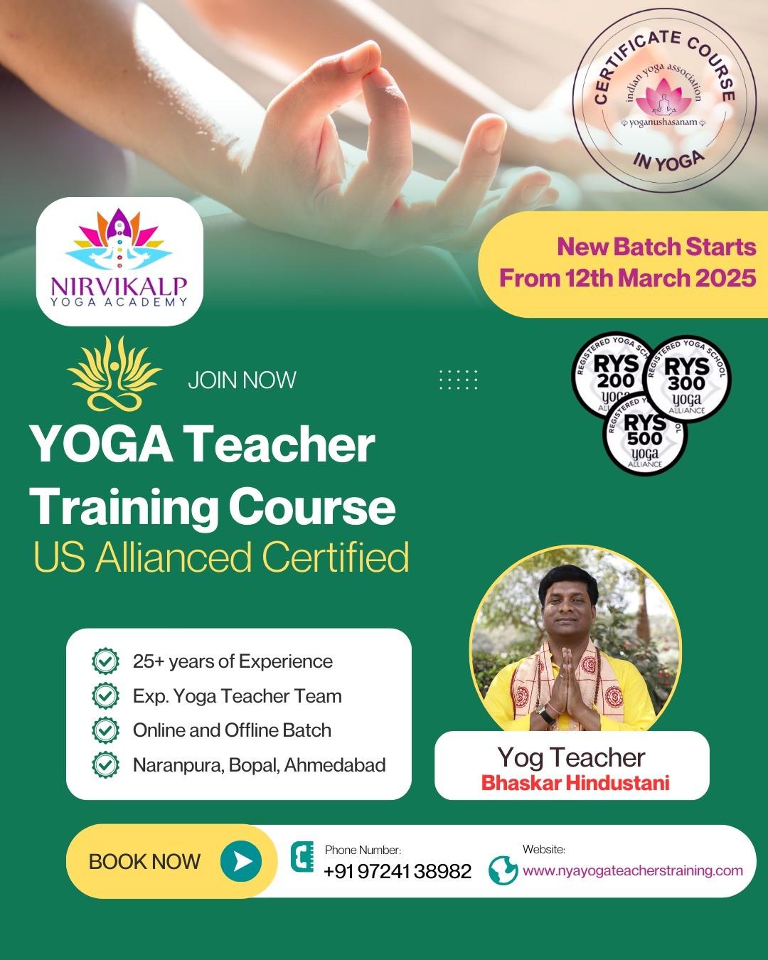 US Alliance Certified Yoga Teacher Training Course by  Nirvikalp yoga academy 