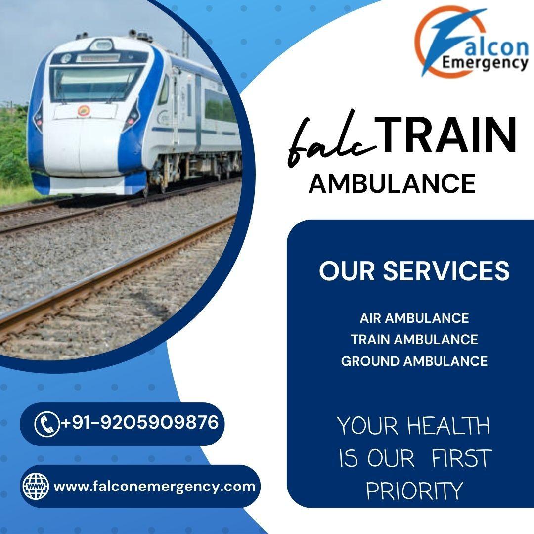  Falc Emergency Train Ambulance in Guwahati backs advanced critical cases.
