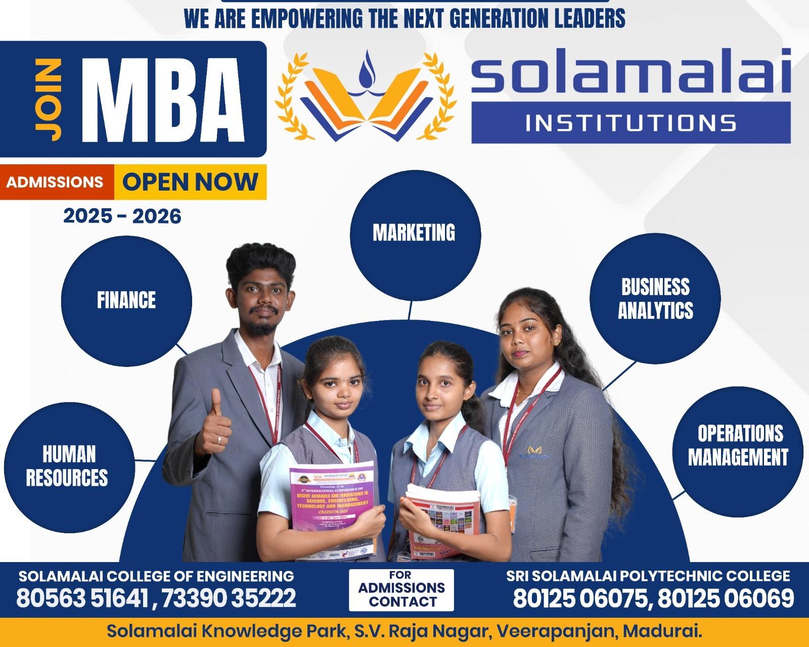 Admissions Open for MBA at Solamalai College of Engineering, Madurai