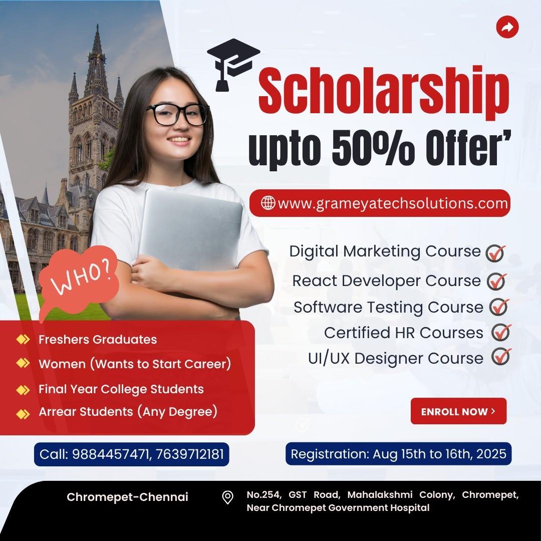 scholarship offer upto 50% for all courses - grameyatechsolutions - chennai