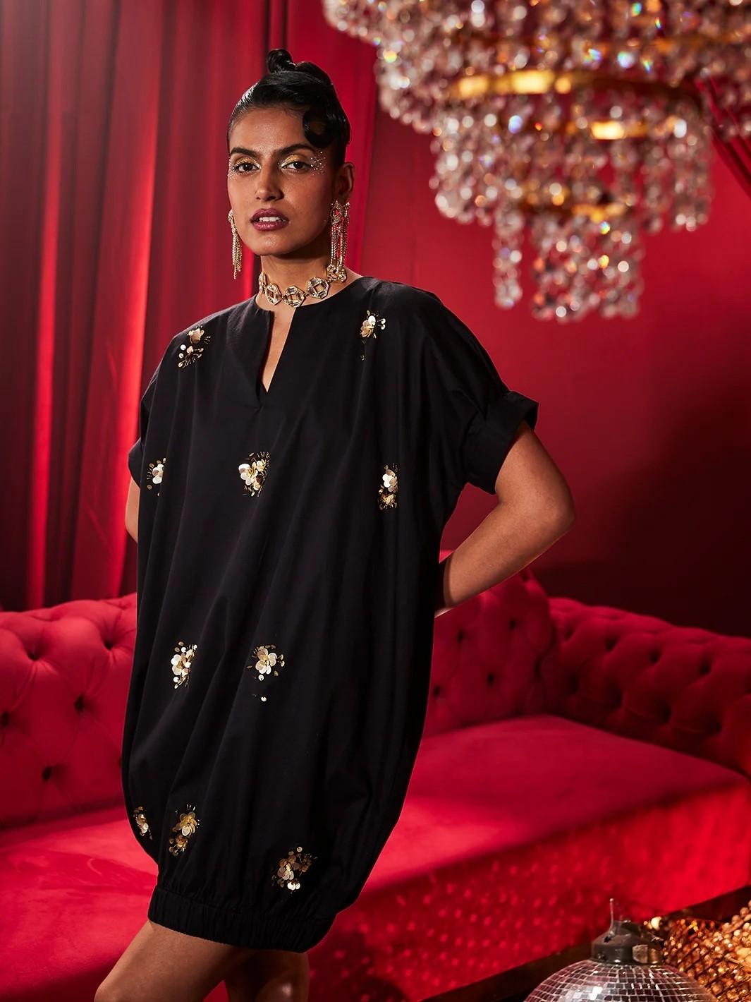 Party wear western dresses Black Bloom Embroidery Dress long dresses