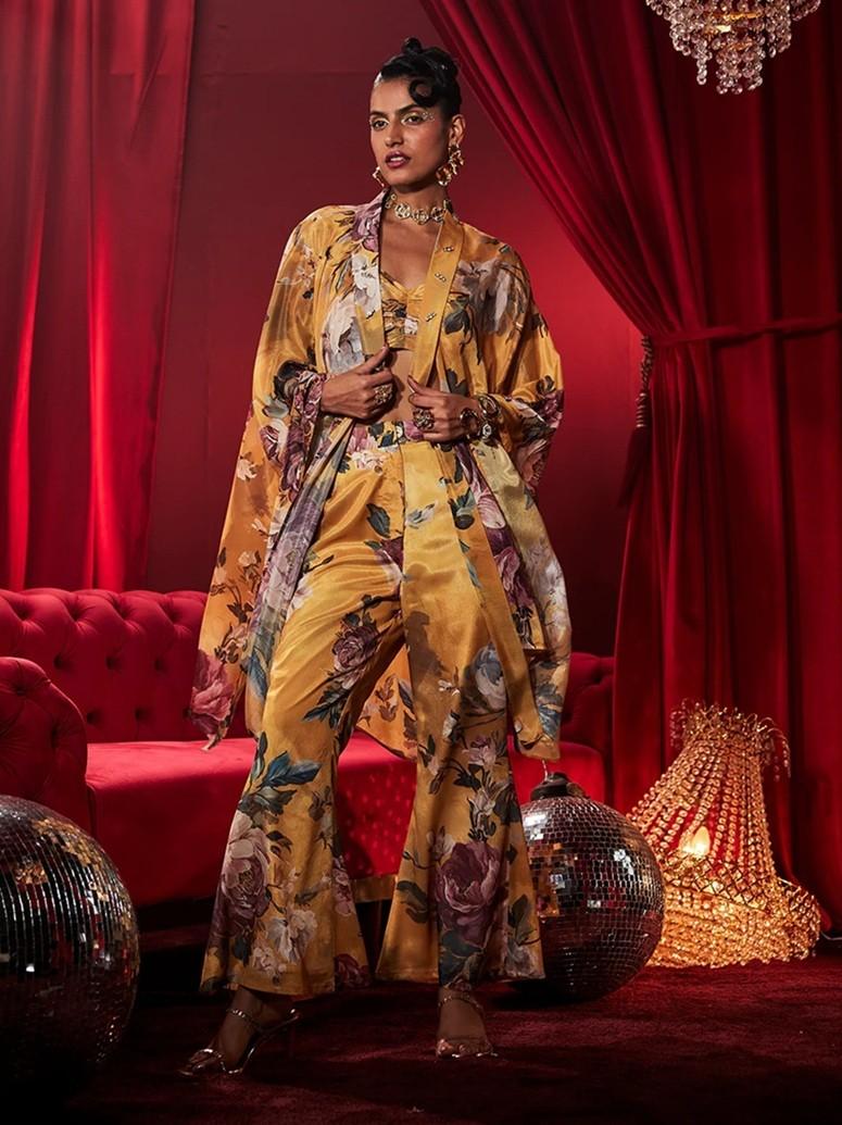 Rose Tiara Floral Bell Bottom Pants and Stylish Party Wear & Event Party Dress