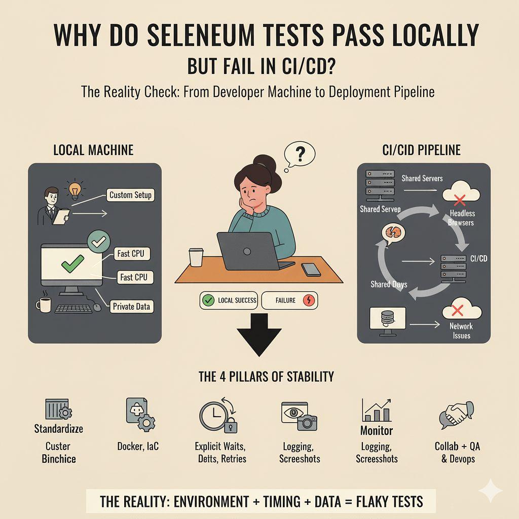 Why do Selenium tests pass locally but fail in CI/CD?