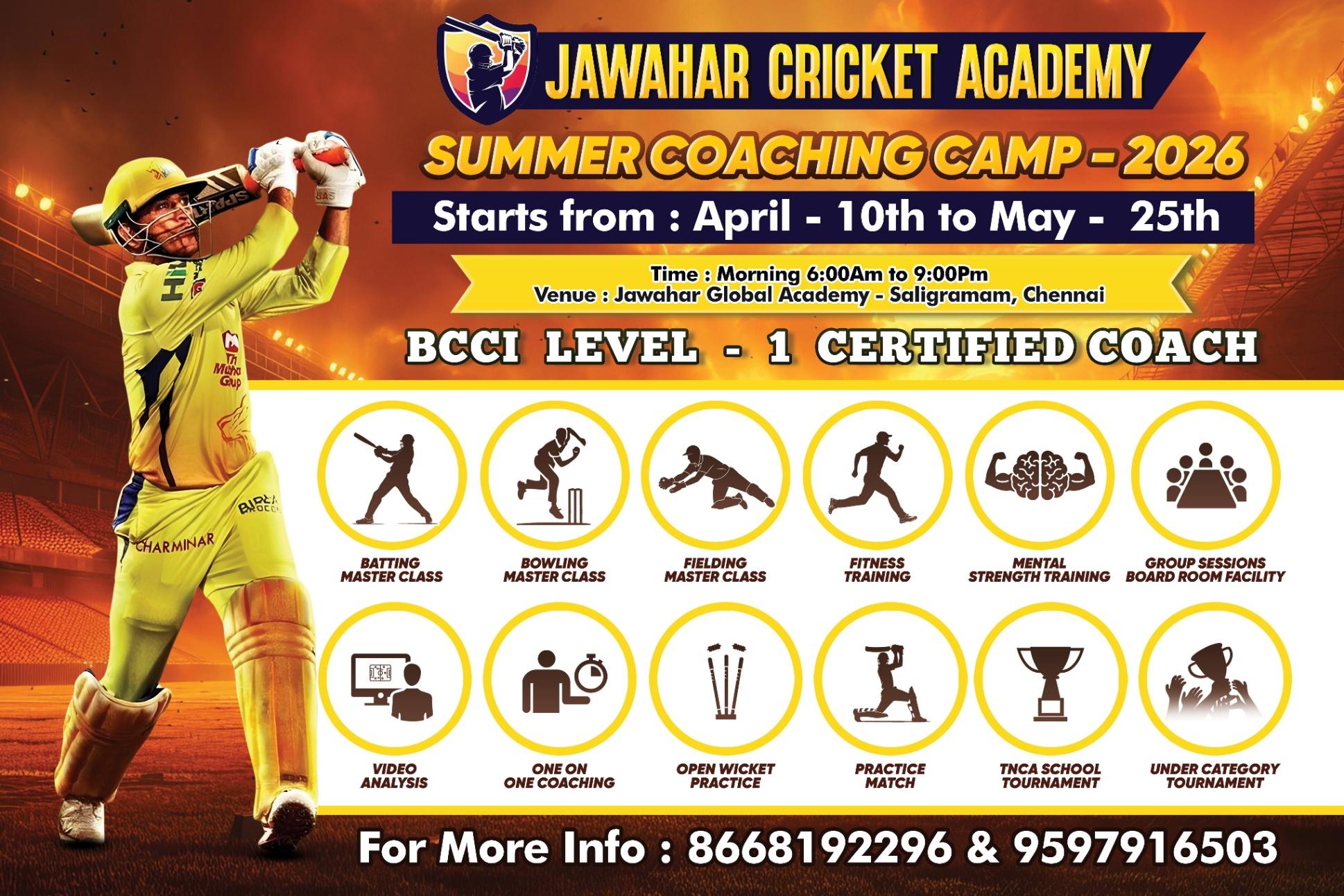 Jawahar Cricket Academy Summer Coaching Camp 2026, Chennai