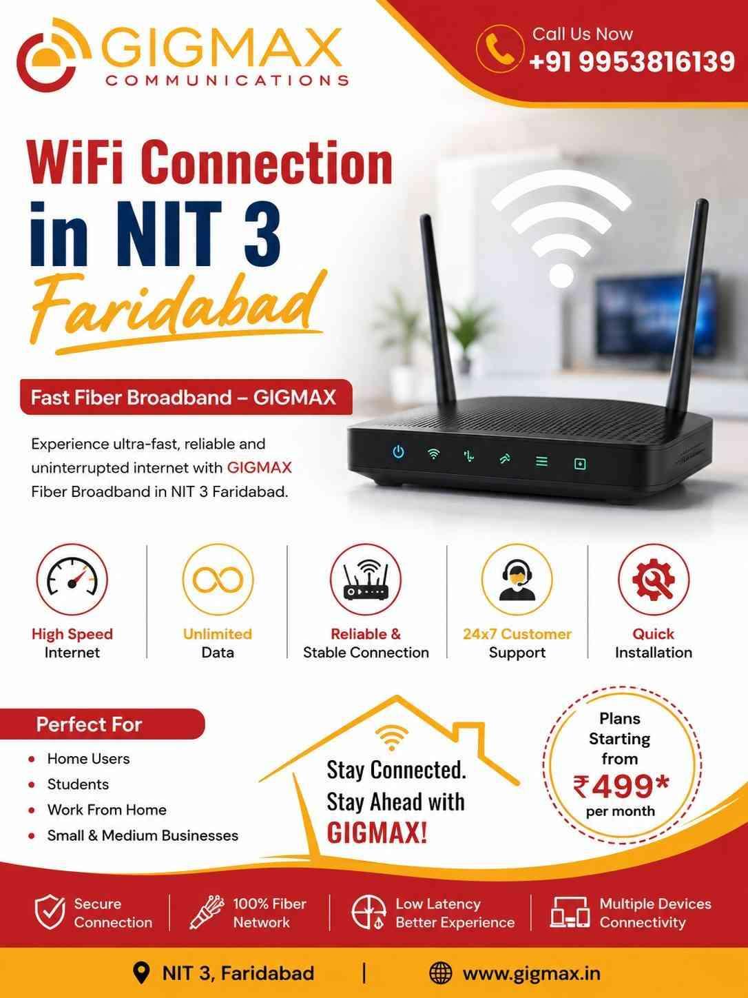 WiFi Connection in NIT 3 Faridabad | Fast Fiber Broadband GIGMAX