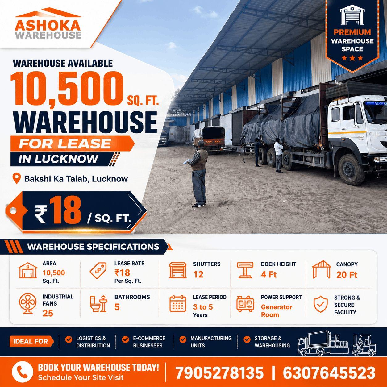 Large Warehouse for Lease in Lucknow | 10,500 Sqft Commercial Storage Space