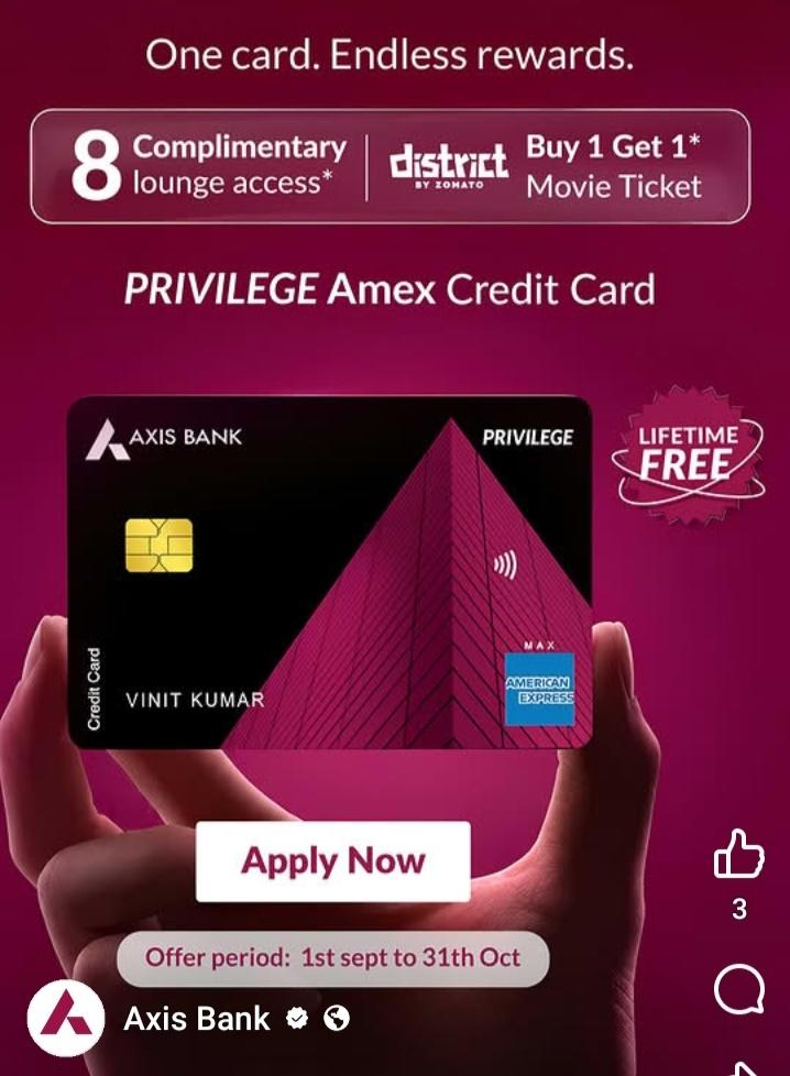 Axis Bank Credit card Life time free offer on (1 Sep'26 to 31 Sep'26