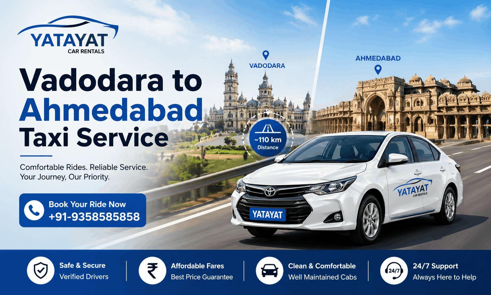 Vadodara to Ahmedabad Taxi Service | One Way Cab - Yatayat