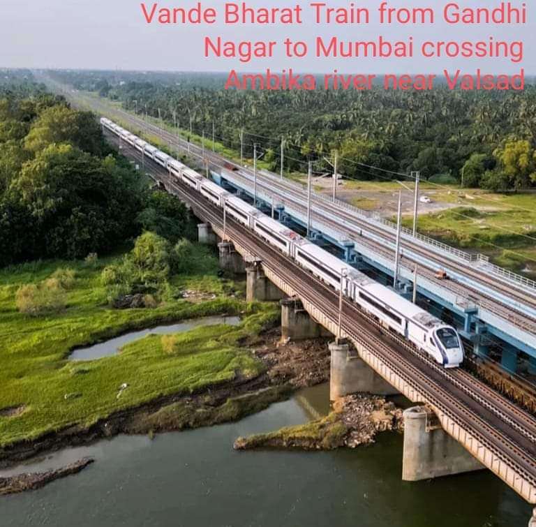 Newly introduced Vande Bharat Express moving from Gandhinagar to Mumbai Central crosses the Ambika river near Valsad