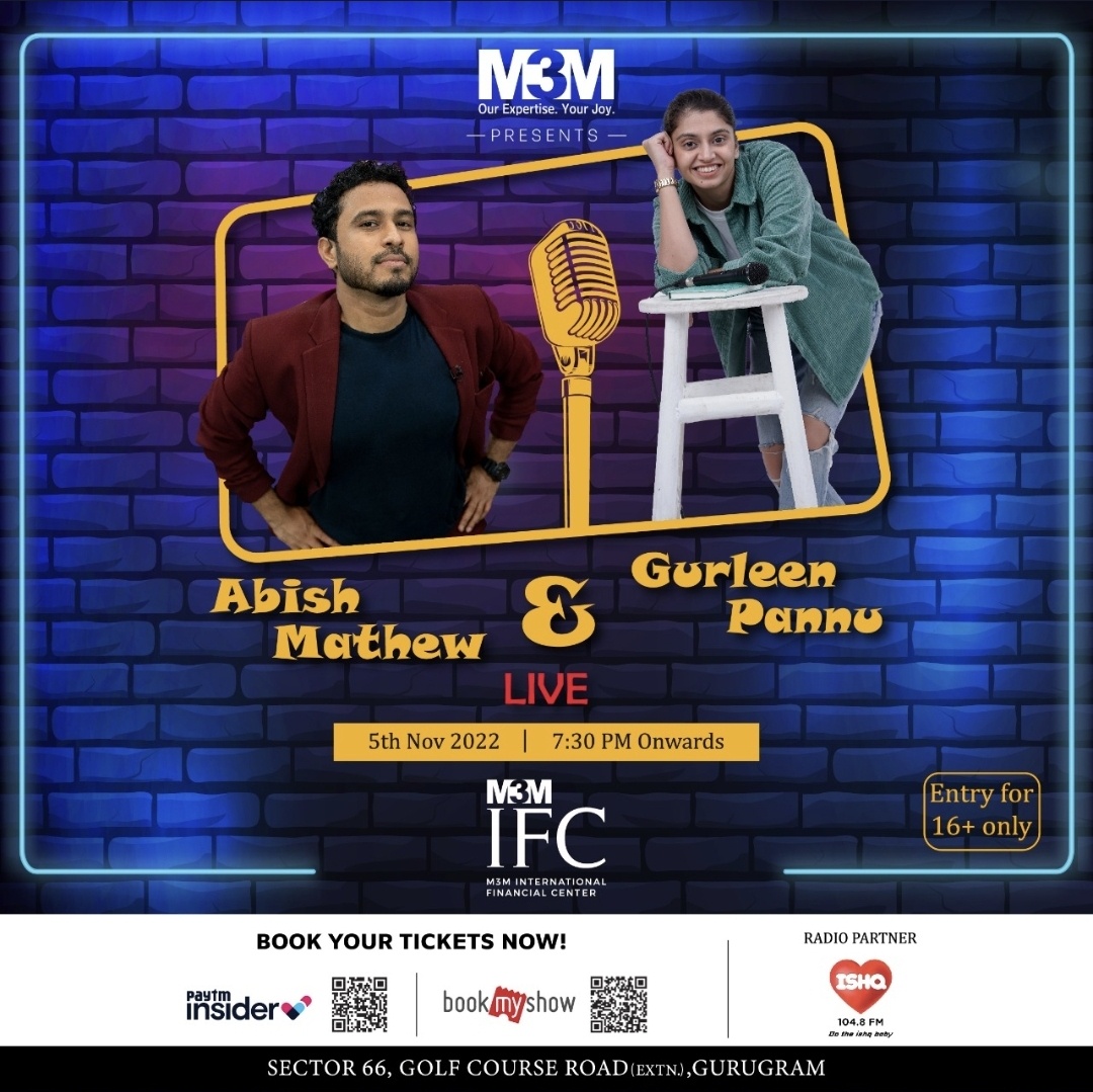 The laughter brigade is coming to your bustling city, Gurugram! The legends of Comicstaan, @abishmathew and @itsgurleenpannu are coming together to perform LIVE at M3M IFC on Nov 5, 2022 to make it an evening to remember!