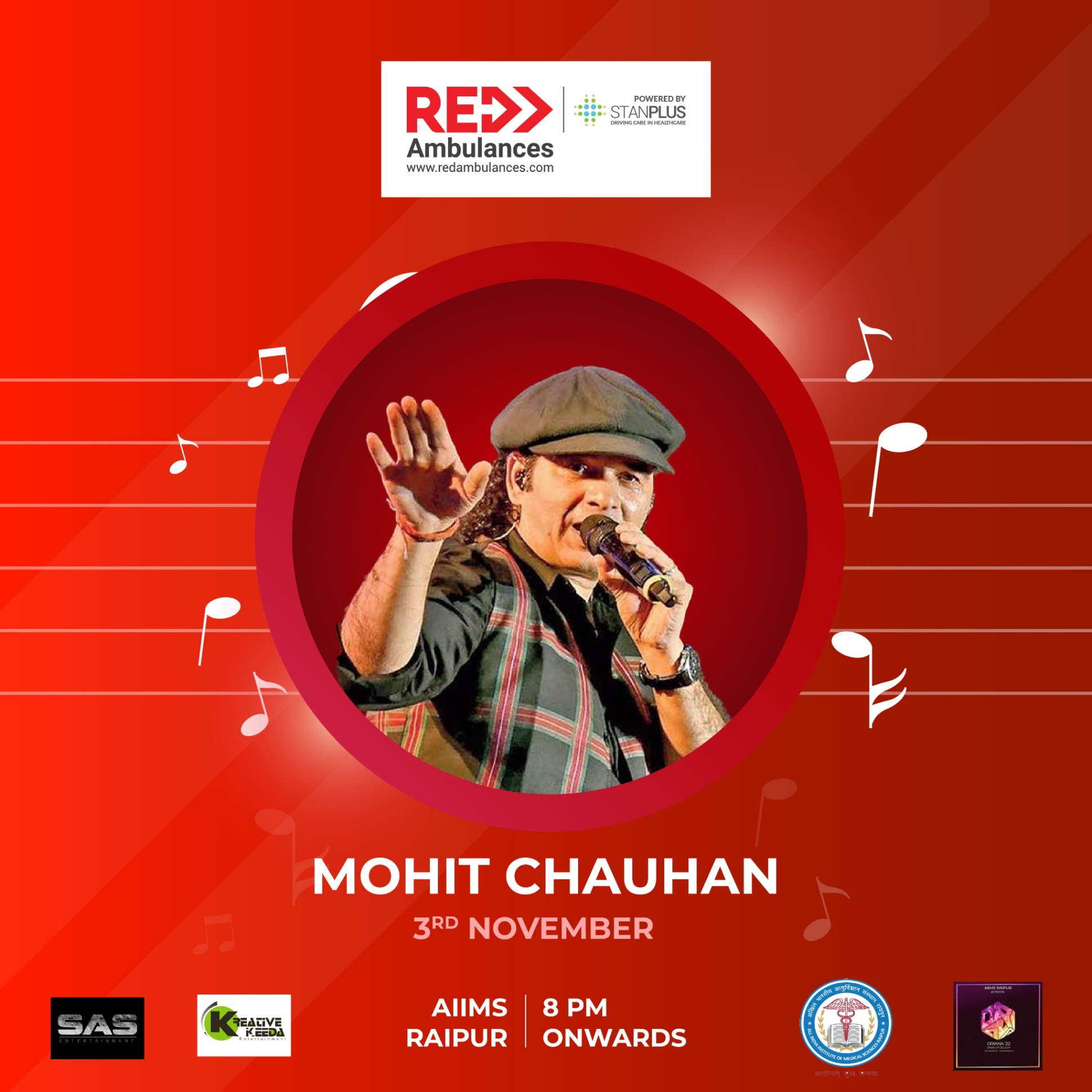 Legendary artist @_MohitChauhan will be performing at AIIMS Raipur Oriana Festival, a performance sponsored by Red Ambulances. Catch the singer live on the 3rd of November.
#Concert #Artist #Event #Music #Live #Stage #Singer #RedAmbulances 