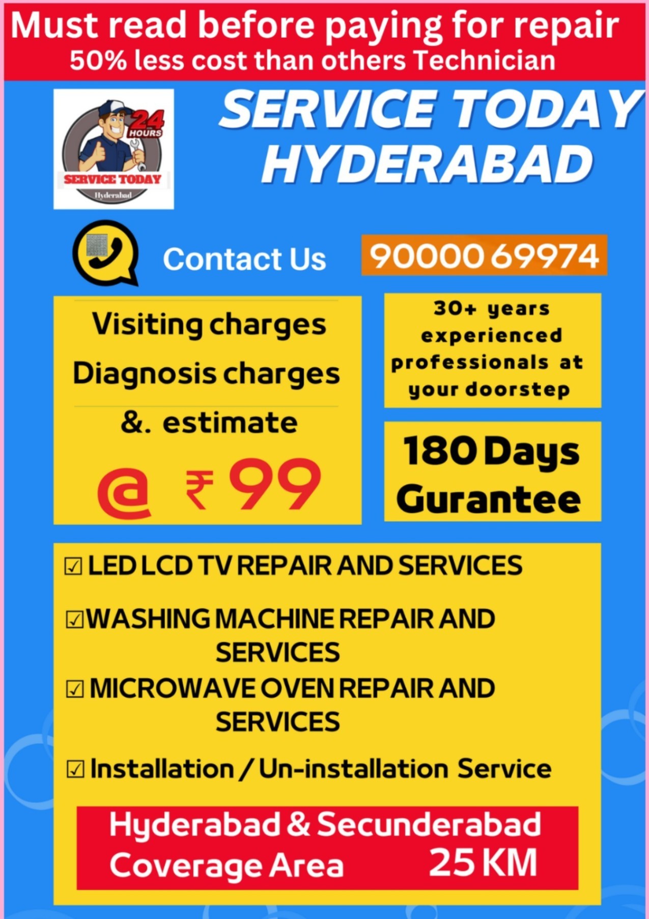 Washing Machine LED LCD TV repair experience about 30+ years
