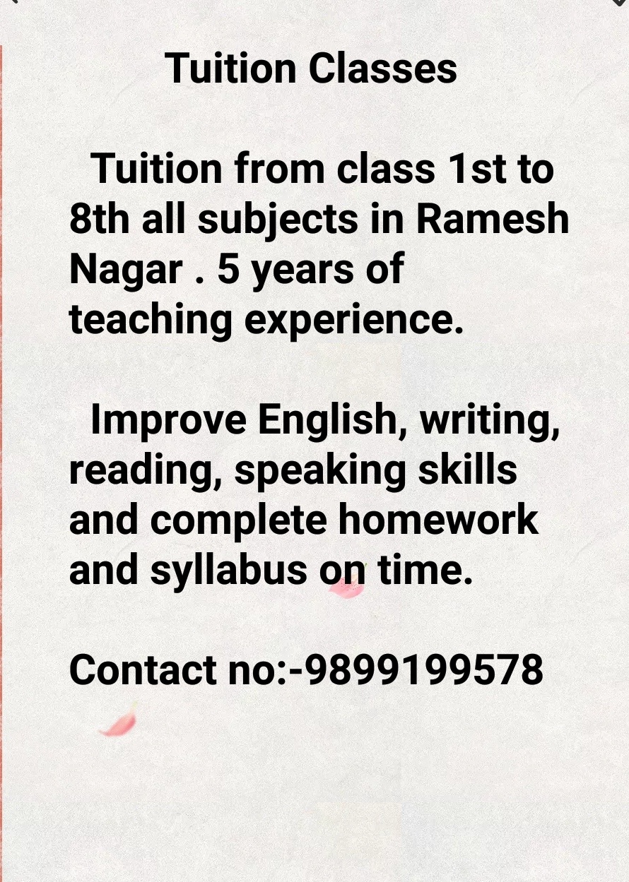 Class 11th/ 12th Tuition, Class 9th/ 10th Tuition, Elementary (Class 1 - 5 Tuition), English, Middle Class (6th -8th) Tuition; Exp: More than 5 year
