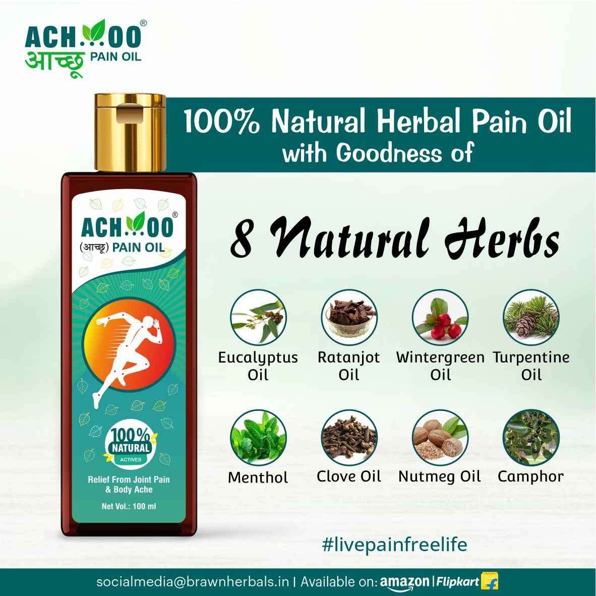 Achoo Pain Oil is fortified with 100% natural essential oil that has the therapeutic action of analgesic