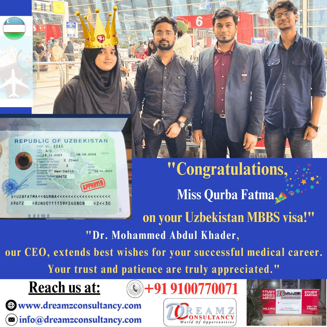 "Thrilled to announce that Miss Qurba Fatma's Uzbekistan MBBS visa has been approved!!"